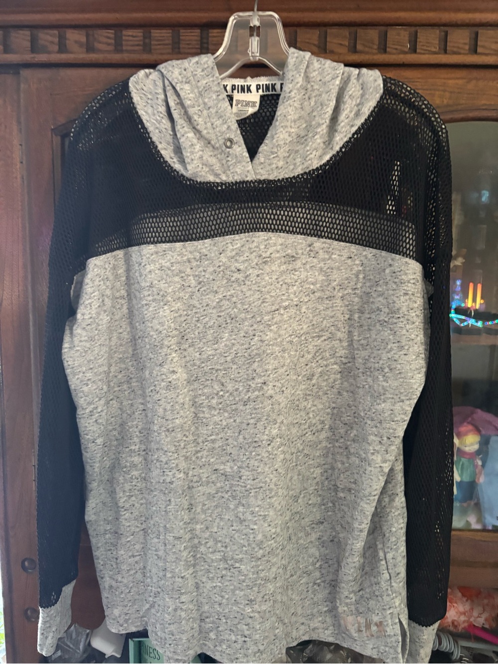 PINK Victoria's Secret Gray Pullover Hoodie with Black Mesh